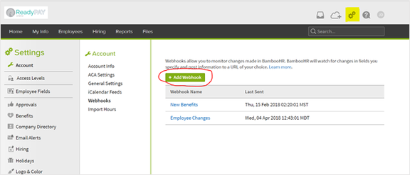 Webhooks menu in BambooHR