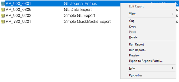 Report properties context menu
