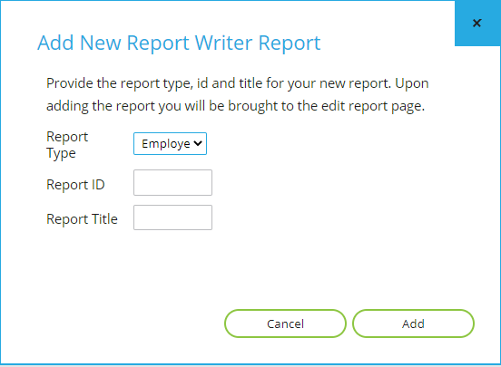 Add New Report Writer Report dialogue
