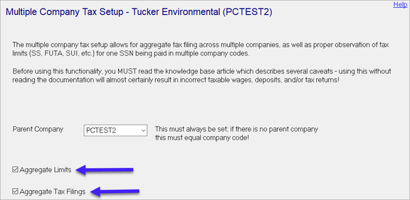 Multi Co Tax Setup tab with Aggregate Limits and Aggregate Tax Filings checkboxes marked