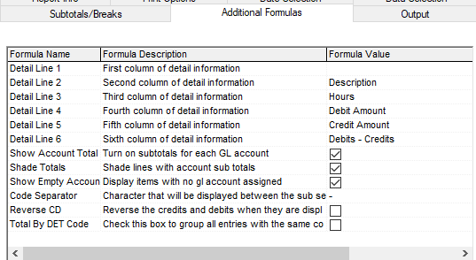 Additional Formulas tab