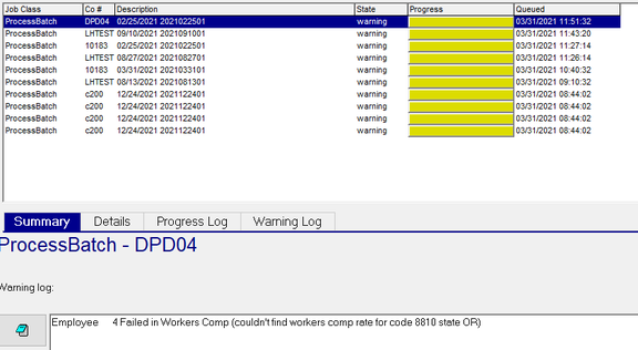 Job Queue grid showing ProcessBatch jobs with warnings