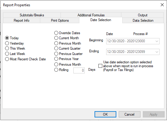 System reporting Date Selection