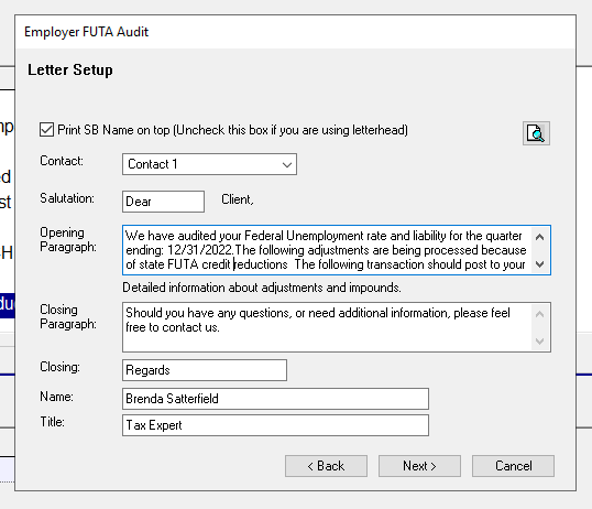 Client Letter verbiage
fields