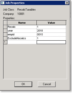 Job Properties dialogue showing Recalc, year, and empid entries