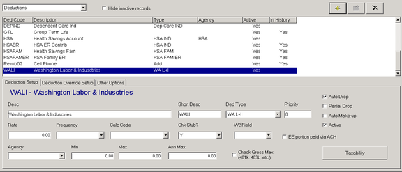 Deduction Setup sub-tab with WA L+I Ded Type selected