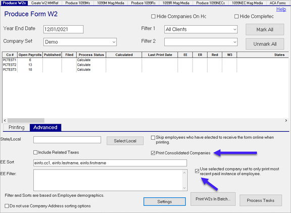 Advanced Sub Tab showing Print Consolidated Companies and Use selected company set checkboxes