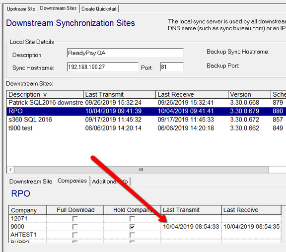Downstream Site Companies last sync times