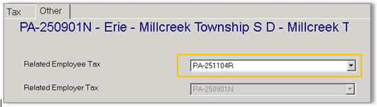 Employee Taxes page showing PSD-N work location code with the Related Employee Tax (PSD-R) set on the Other sub-tab