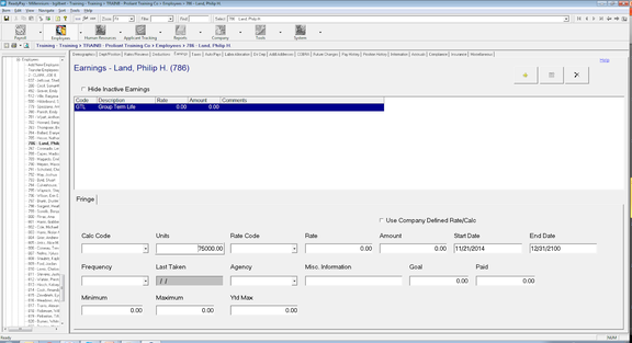 Employee Earnings (Fringe) tab