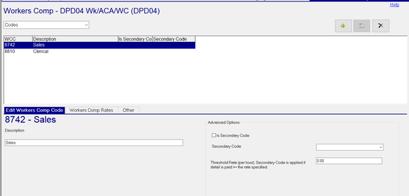 Edit Workers Comp Code sub tab with Description and Advanced Option fields