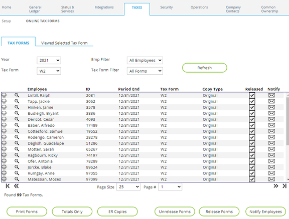 Online Tax Forms page in the Master Company Setup Taxes area on ReadyPay Online