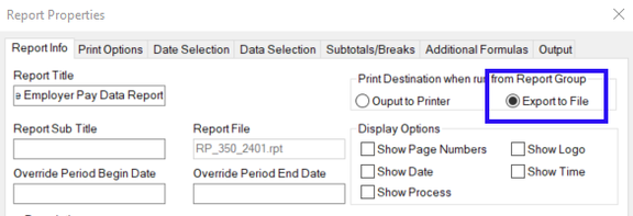 Report Info tab with Export to File option selected