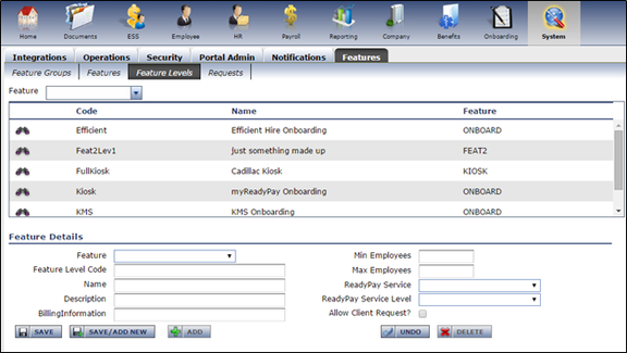 Feature Level setup