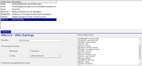 Code Groups General sub-tab with Earnings checked and earning codes selected