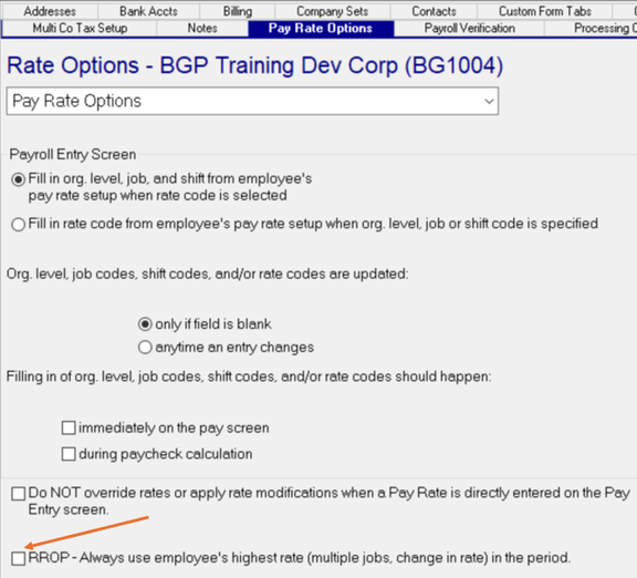 Pay Rate Options page with the RROP highest-rate checkbox highlighted