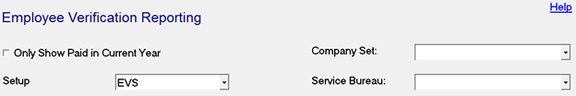 Employee Verification screen with EVS Setup selected and Process button
