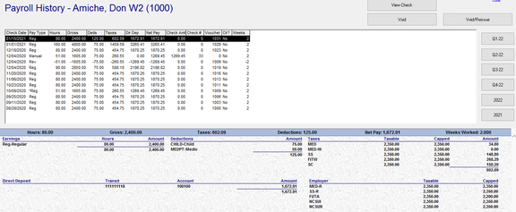 Check showing updated taxable wages after RecalcTaxables run with 125 ded type