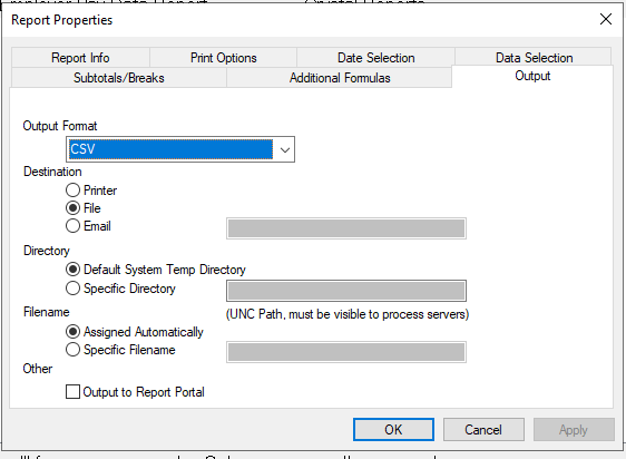 Output tab with CSV format and File destination settings