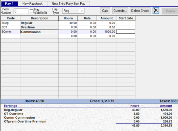 Pay grid showing hours and amounts rolled up for the pay period