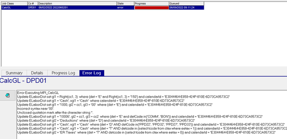 CalcGL job in Error state
