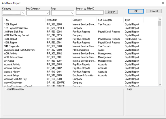 Add New Report dialogue
